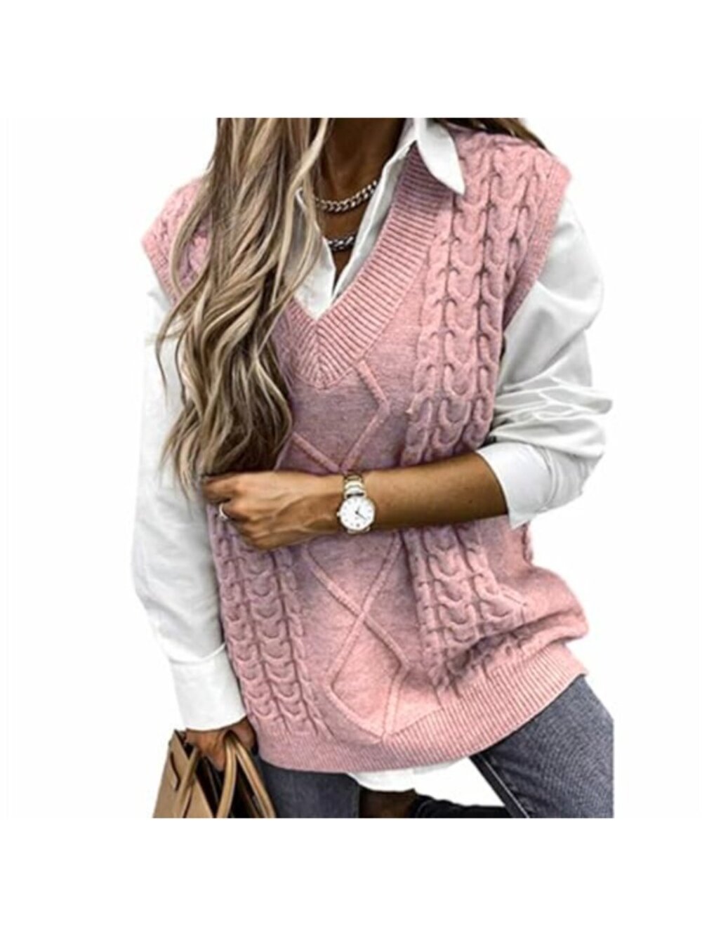 Women's Long Cable Knit Sweater Vest, Loose Fit V-Neck Sleeveless Tank Top